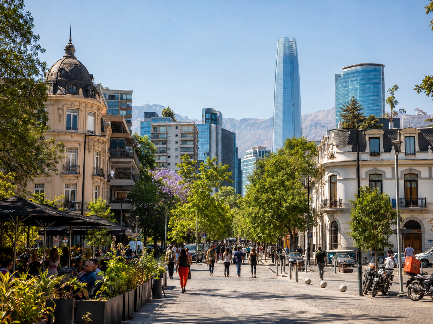 Barrio urbano de Providencia con edificios y actividad peatonal